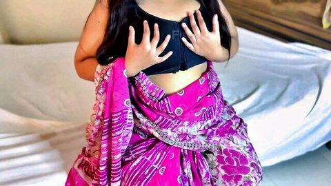 Anippe teases in pink Indian sundress, hands on black bra top