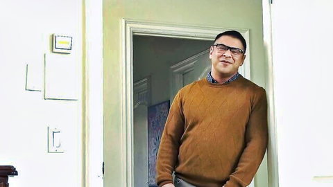 Handsome Asian stepdad in sweater stands in doorway for TS stepdaughter action