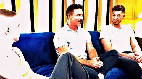 Three muscular white men in casual clothes on couch, gay dad-uncle-son threesome preview