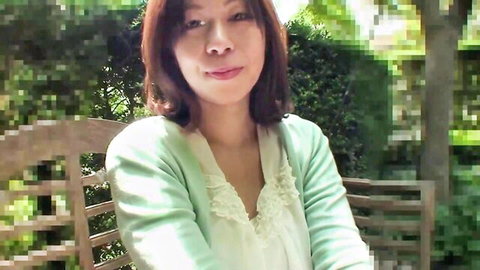 Smiling Japanese MILF in lace blouse and cardigan, amateur outdoor tease