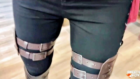 Mikasa cosplay thighs in tight black pants with leather straps