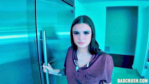 Brunette stepdaughter teases in unzipped hoodie showing cleavage