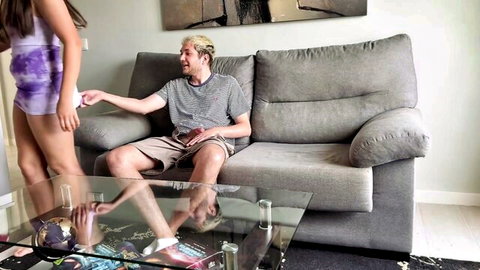 Russian teen in purple outfit teases stepbrother with skilled hands