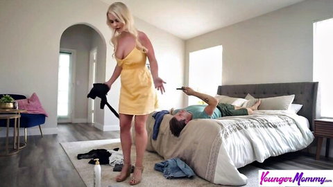 Nathan Bronson with busty blonde stepmom in tight yellow dress