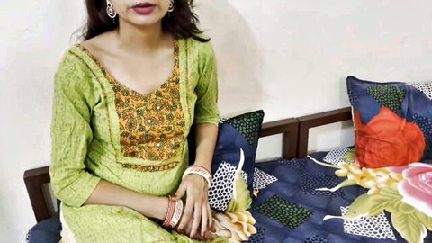 Desi badi behn in green dress teases on bed before creampie fuck