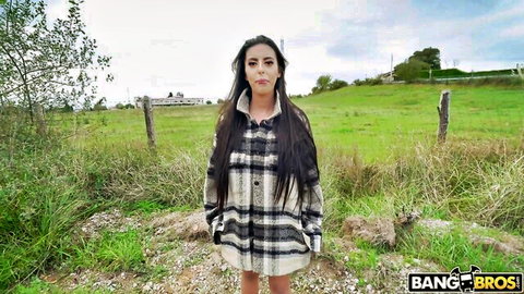 Bella Dana in open plaid dress outdoors, big tits tease in public 4K