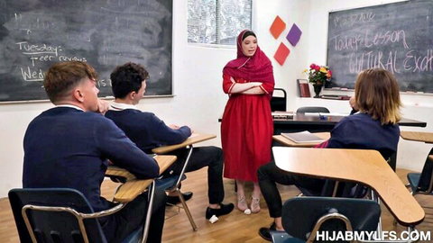 Hijab MILF teacher in red dress with students Axel, Rion, Kiki, Josh Rivers