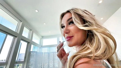Seductive blonde babe with massive tits teases in POV before BBC action