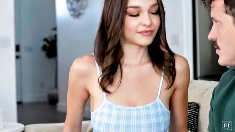 Rissa May in blue checkered tank top, big boobs cleavage with male partner in anatomy lesson scene
