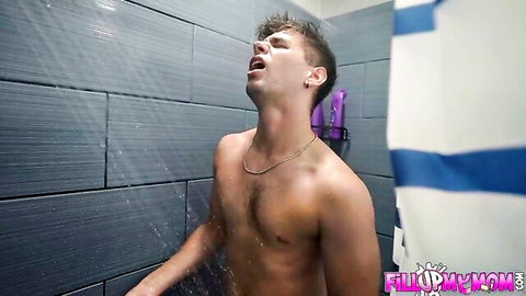 Muscular man naked in shower, aroused with Jenna Starr stepmom fantasy