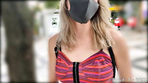 Blonde Thai babe in sexy pink zipper bra and mask outdoors