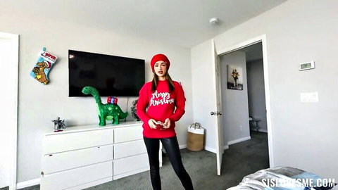 Naughty curvy brunette stepsister in tight red Christmas sweater and leggings teasing holiday style