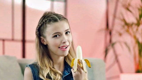 Blonde babe with huge natural tits teases by licking thick banana like cock
