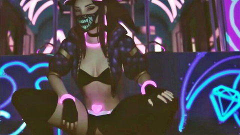 Busty K/DA Akali cosplay tease with big tits in sexy neon outfit