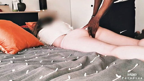 Pale French babe's ass grabbed by black stud in prone position