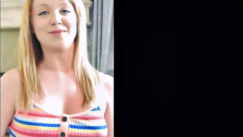 Nikole Nash blonde in low-cut striped top showing deep cleavage