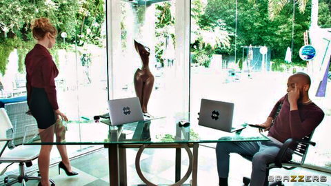 Blonde in red blouse, tight skirt, high heels teases black man in office, Brazzers threesome