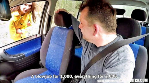Czech babe leaning into car offering blowjob for 1000 in wild street encounter