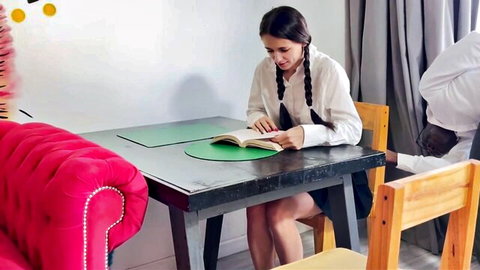 Russian schoolgirl in uniform reads seductively, big tits hinted