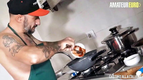 Omar Galanti shirtless cooking in apron with Mila Ramos in amateur Italian anal scene