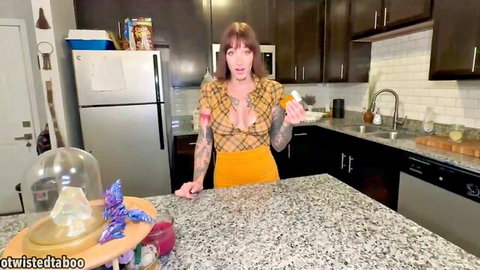 Tattooed brunette step-mom in yellow cleavage-baring top and skirt holds pill bottle teasingly