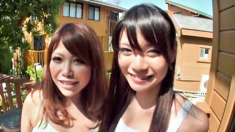 Smiling Japanese babes in casual tops outdoors from passionate creampie JAV