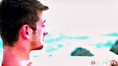 Gabriel Clark profile on beach, teasing big uncut cock scene with Dale Cooper