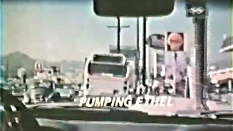Ethel in yellow top pumping gas at station, big tits tease