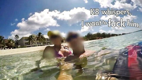 K8 in bikini whispers 'I want to fuck him' on sunny beach with blurred stranger