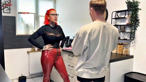 Cat-Coxx in sheer black top and red latex pants dominates man, big tits tease