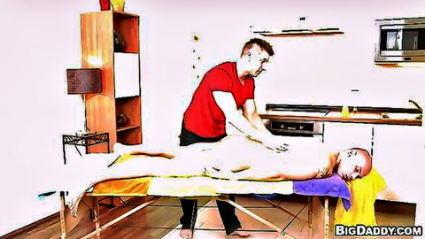 Muscular masseur rubs bald hunk's ass during steamy gay massage session