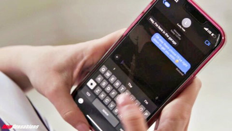 Aria Banks, blonde cheerleader, texts on pink iPhone in teasing scene