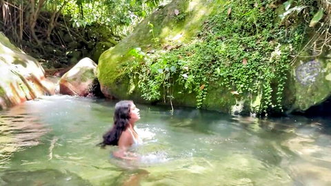 Sofiayriky, sexy Latina in jungle lake, wet hair and bikini bottoms