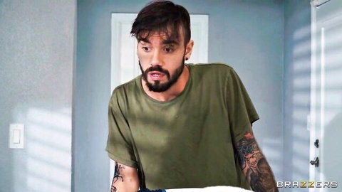 Tattooed bearded man in green shirt gazes intensely - Brazzers kinky stepmom tease thumbnail