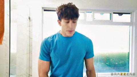 Parker Ambrose in blue tee prepping for hot threesome creampie with Destiny Mira and Nicole Kitt