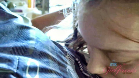 Blonde teen girlfriend's hair yanked roughly from behind during intense rough sex closeup