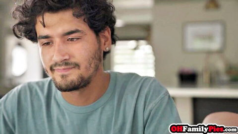 Handsome curly-haired stepbrother in teal tee, starring in anal scene with Mistress Alexis