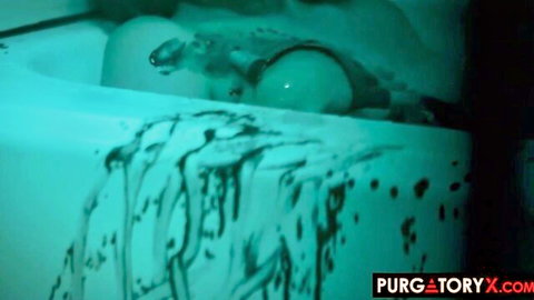 Eden Ivy in steamy bubbly bath, tattooed beauty teasing wet pussy