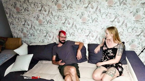 Blonde tattooed Emma Wolf in black dress with redhead stud on bed before POV anal