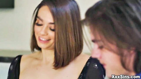 Petite brunette Alex Coal and Sophia in intimate threesome embrace