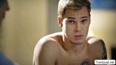 Shirtless young stepson with tattoos stares intensely in pregnant stepmom anal scene