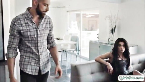 Sexy smalltit shemale in black dress teasing man before deepthroat and anal