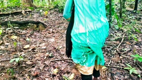 Indian teen Ko Ko in wet green saree, walking in forest for standing doggy style