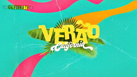 Vibrant Verão Califórnia graphic with yellow tropical text palm leaves on colorful teal pink background