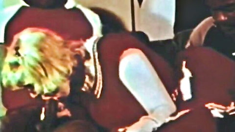Vintage blonde babe sucks big black cock in interracial threesome with another BBC behind her