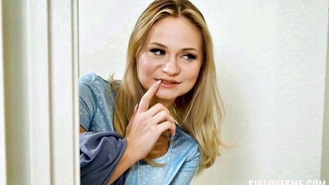 Rylee Blake as seductive step-sis in blue top, teasing glance