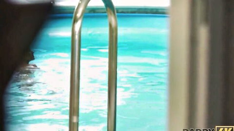 Skinny long-haired brunette with medium tits groped by old man in pool