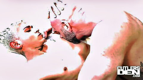 David's massive cock in hot interracial handjob & blowjob with tattooed muscular guy