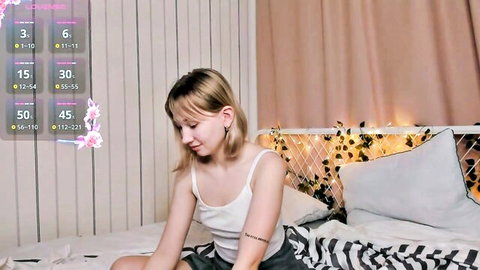 FeliceFarabee blonde camgirl in tank top on bed, stripping live