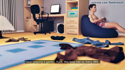 Shirtless gamer dude in plaid boxers plays video game on beanbag with clothes scattered on floor